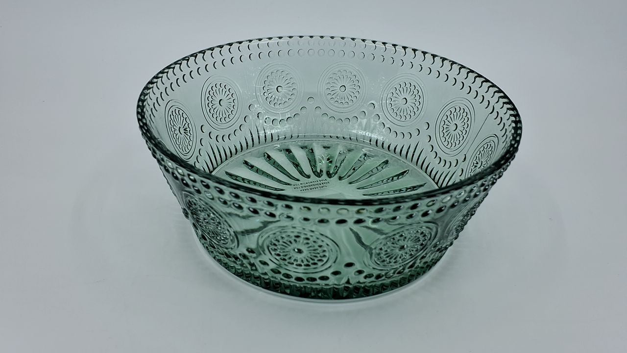 7in Sage Green Glass Bowl w/ Floral Pattern for Dining & Entertaining