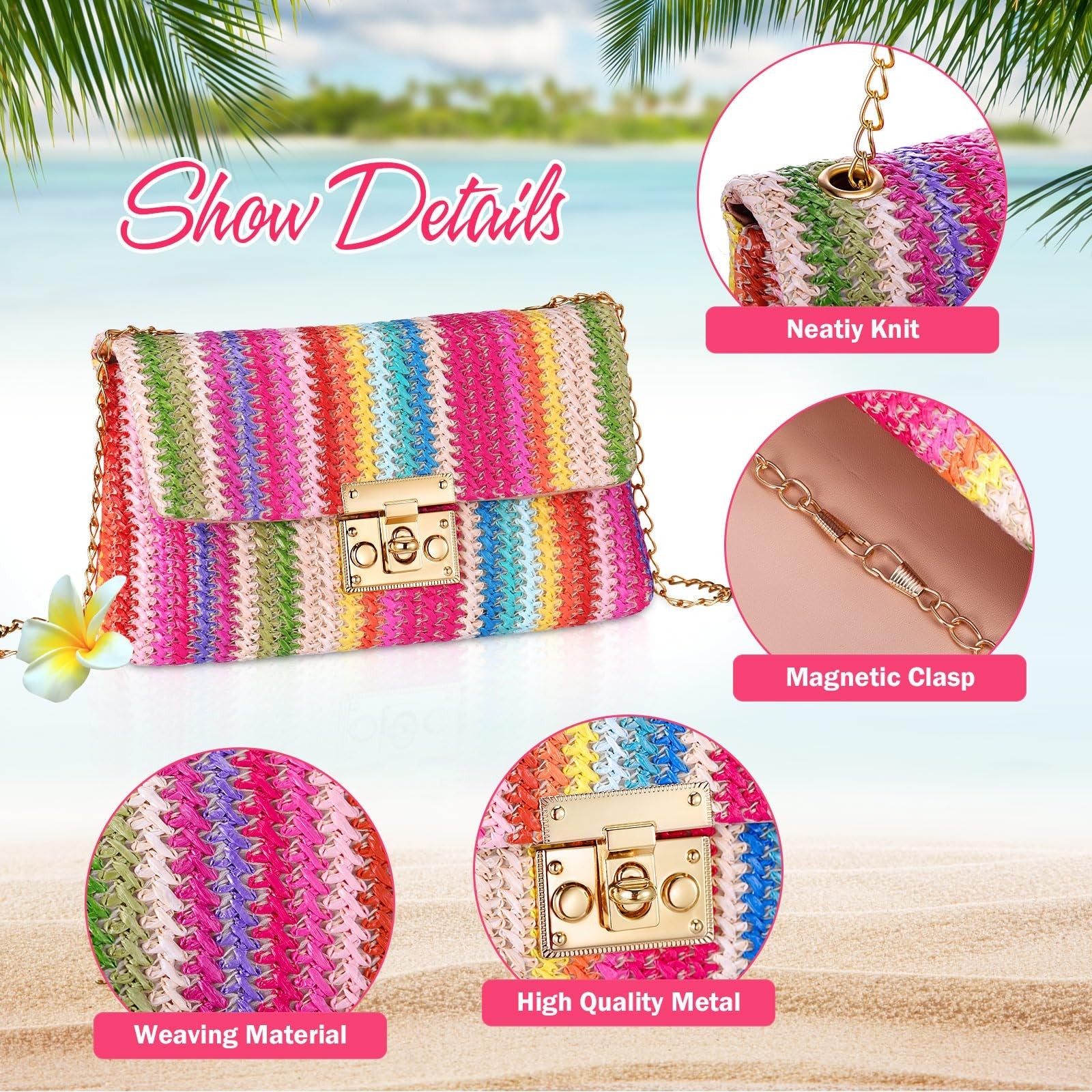 5 Pack Summer Striped Straw Clutch Purse & Earrings Set for Women