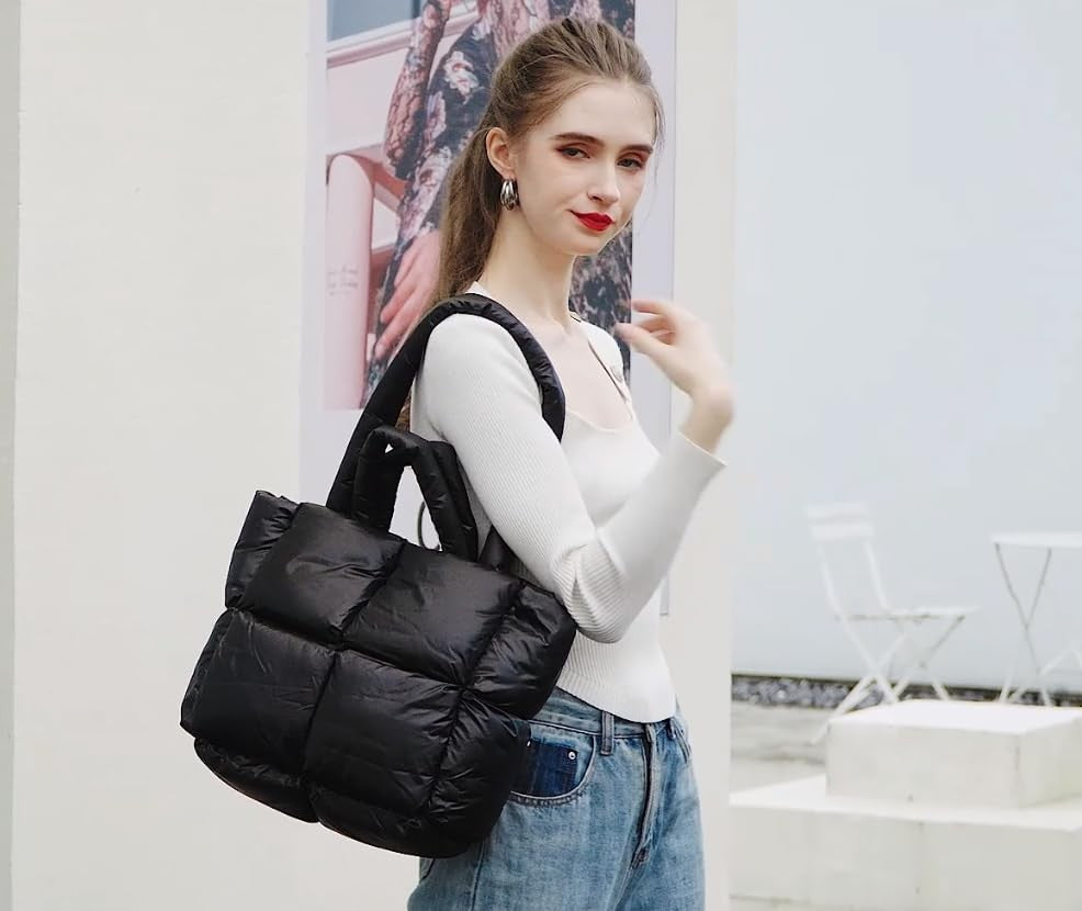 Quilted Puffer Tote Bag for Women, Lightweight Shoulder Bag, Black