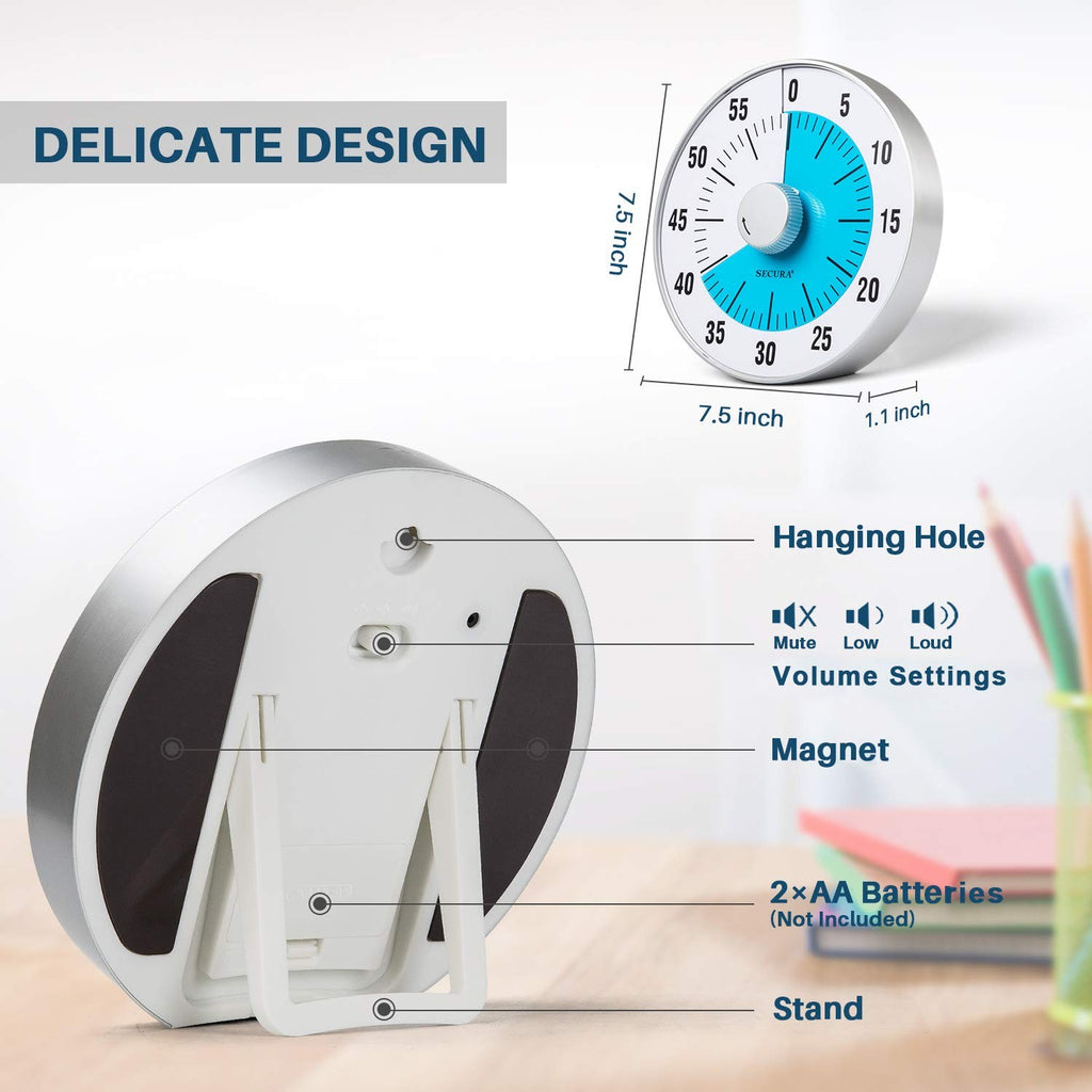 Secura 7.5-Inch Visual Countdown Timer, Blue, 60-Minute Kitchen Timer