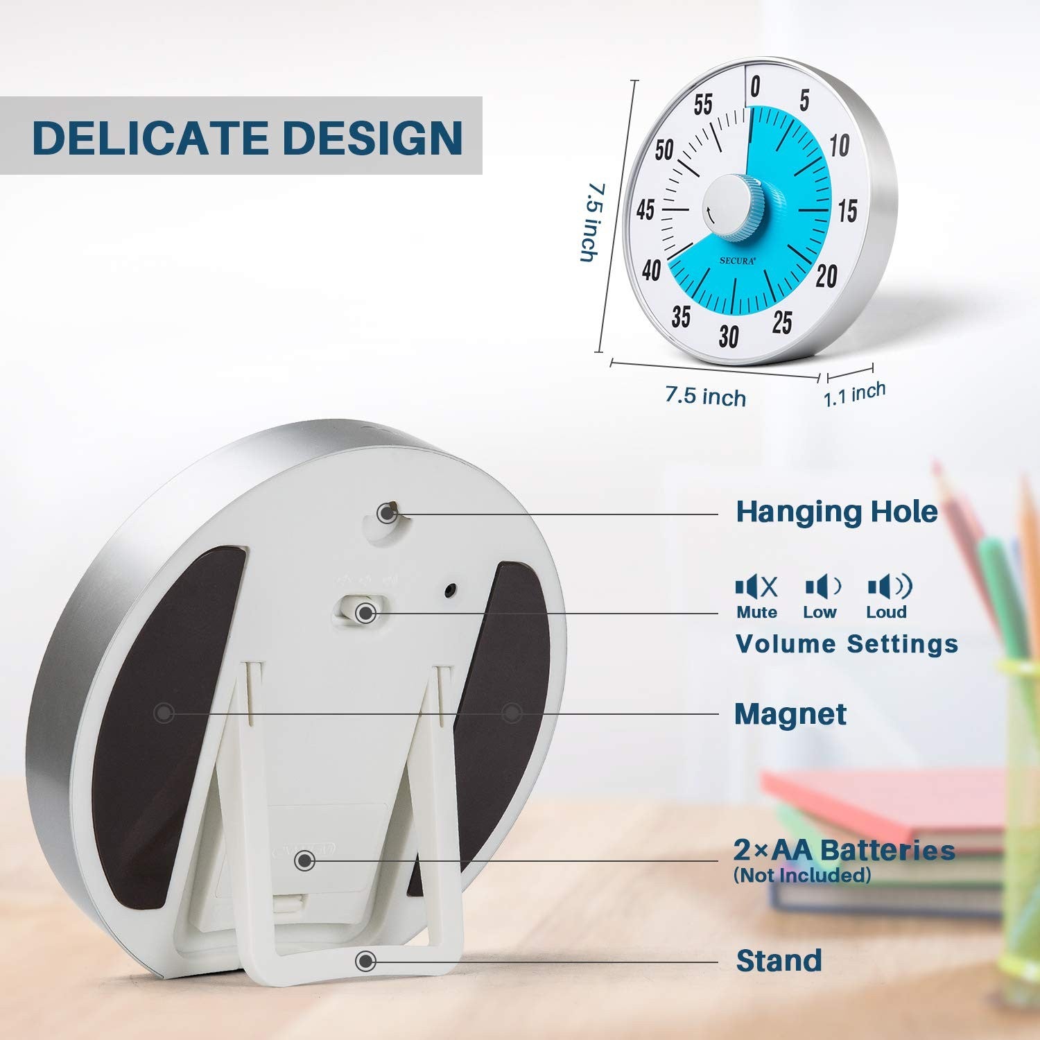 Secura 7.5-Inch Visual Countdown Timer, Blue, 60-Minute Kitchen Timer