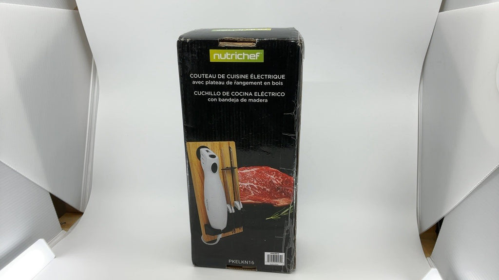 NutriChef Electric Carving Knife Set w/ Blades & Wood Stand - White