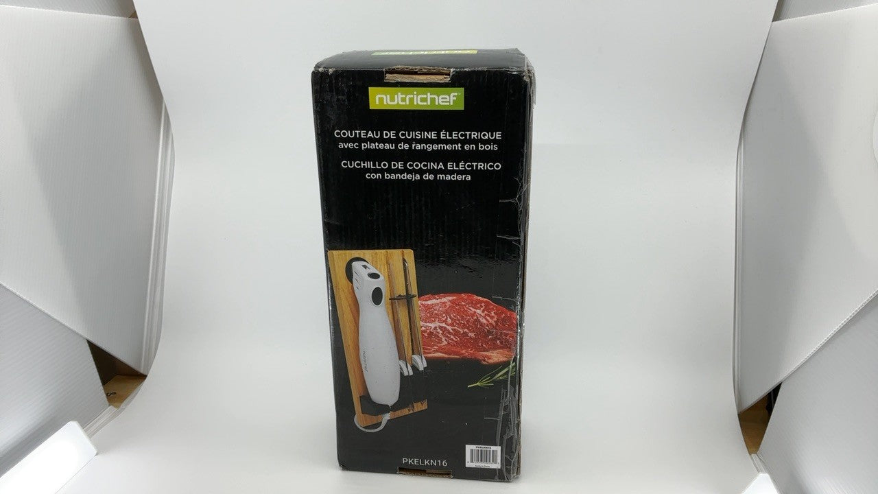 NutriChef Electric Carving Knife Set w/ Blades & Wood Stand - White