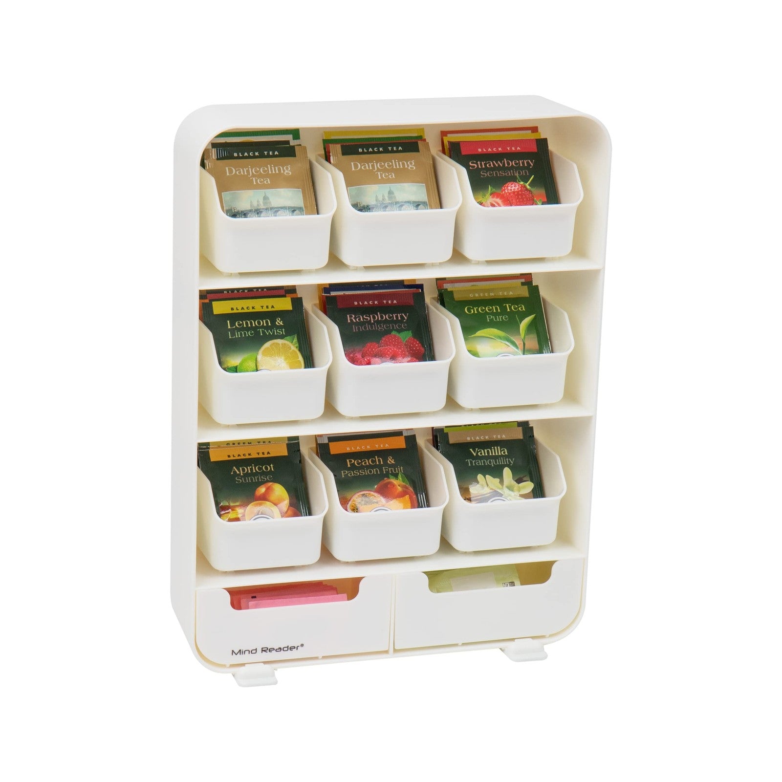 Compact Tea Station Organizer, 11-Drawer, White Plastic, 10.25"L