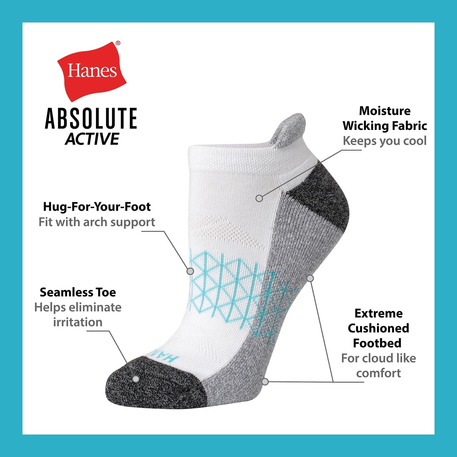 Hanes Women's Cushioned No Show Tab Socks, 4-Pairs, Teal Colorblock