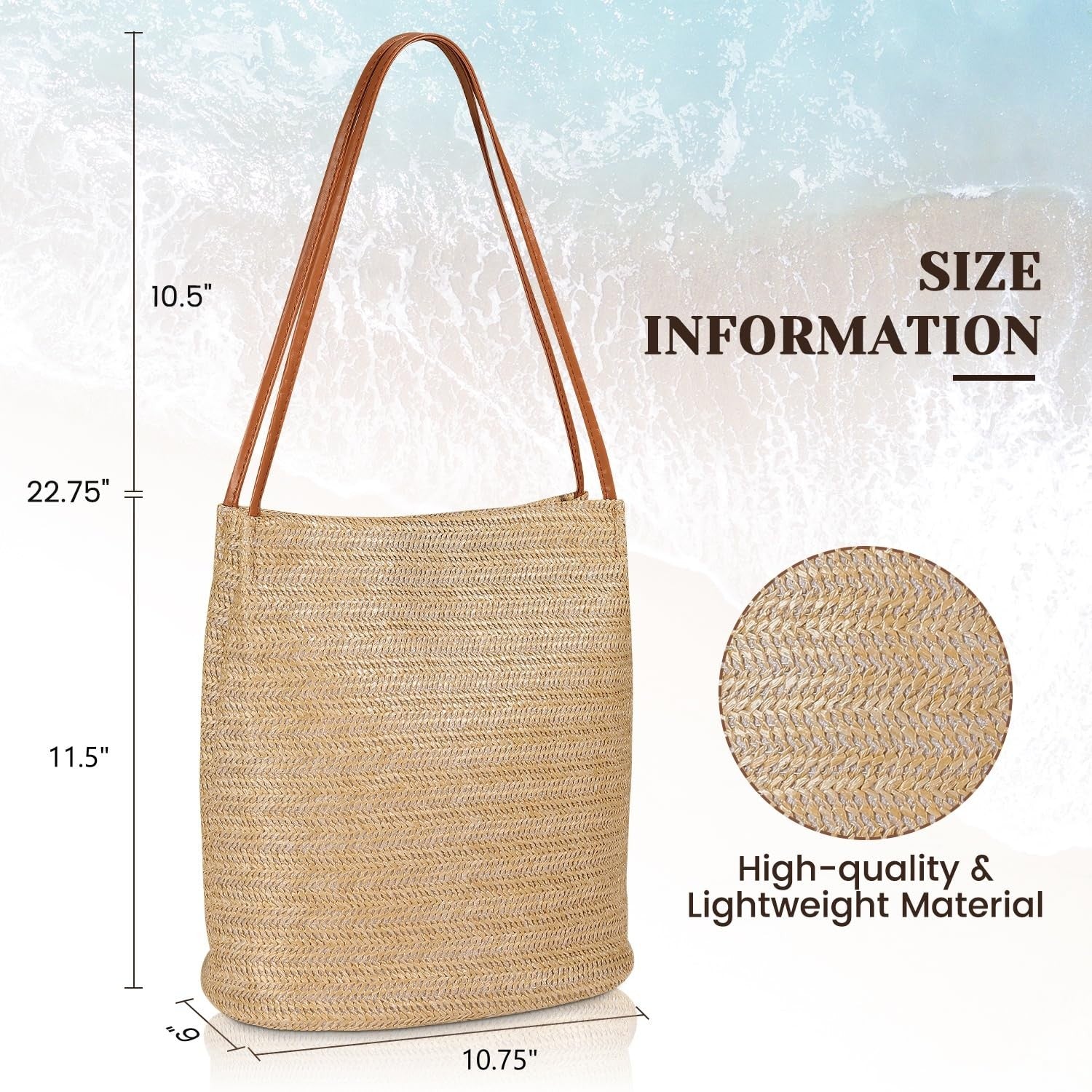 Versatile Khaki Straw Purse, Lightweight Beach Tote Bag for Women