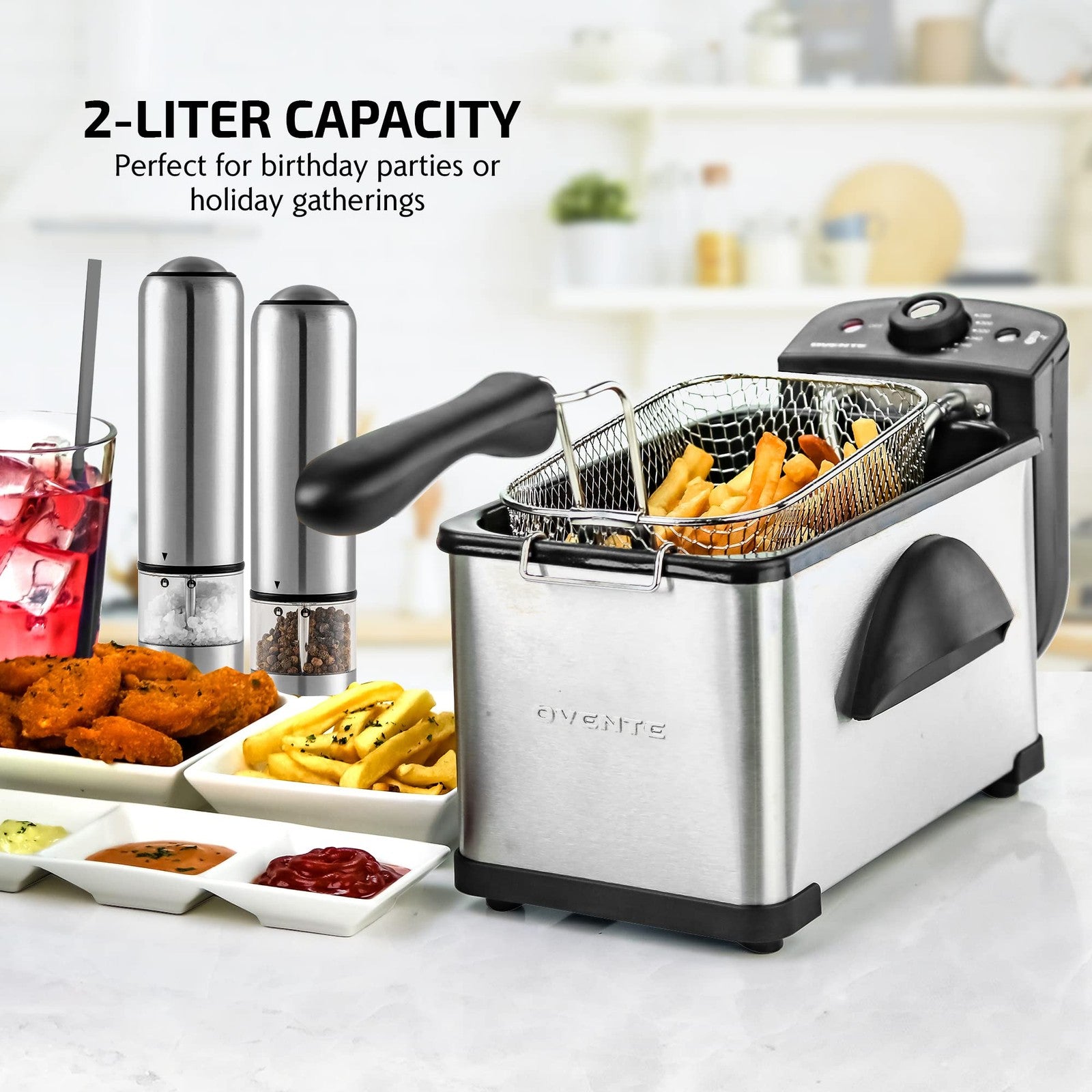 OVENTE FDM2201BR Deep Fryer, 2L, Adjustable Temp, Stainless Steel, Silver