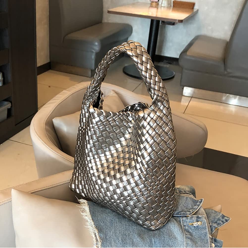 Vegan Leather Woven Hobo Bag, Stylish Silver Tote Handbag for Women
