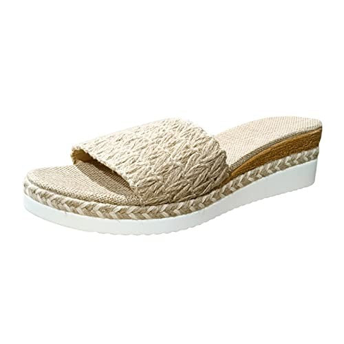 Fashion Summer Slippers Women Thick Slope Heel Beige 4.5 UK