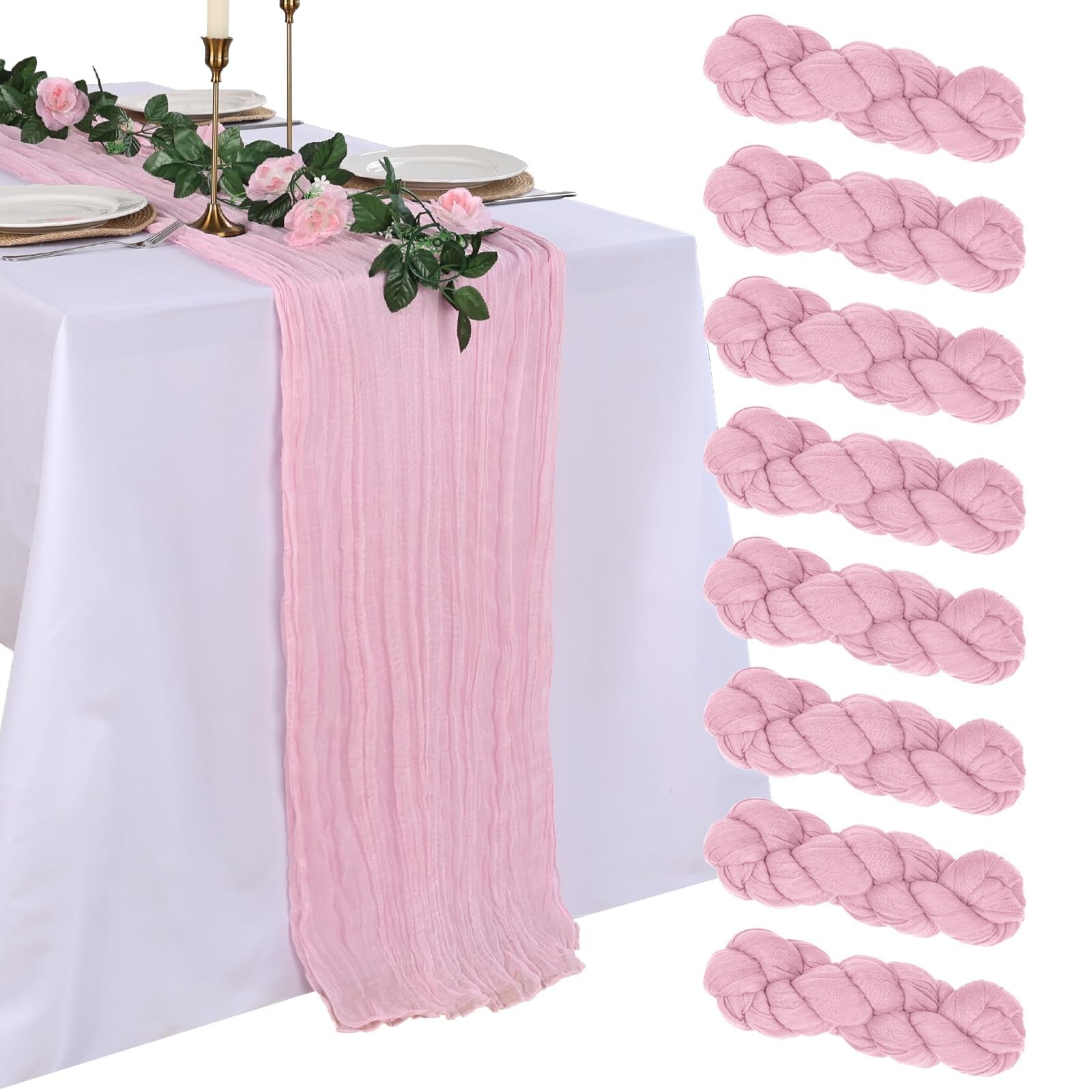 Boho Pink Cheesecloth Table Runner 10ft - 8 Pcs for Centerpieces