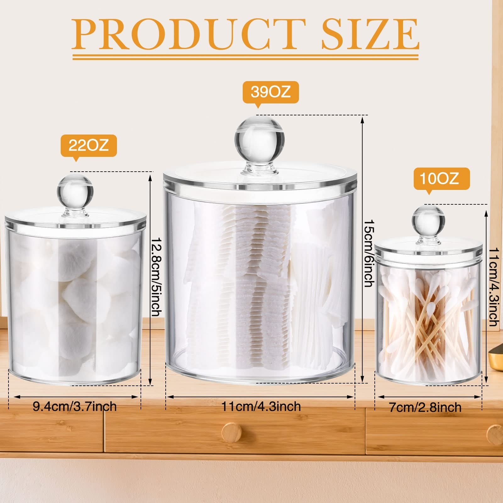 6 Pack Acrylic Storage Jars w/ Lids, 10/22/39 oz Clear Bathroom Canisters
