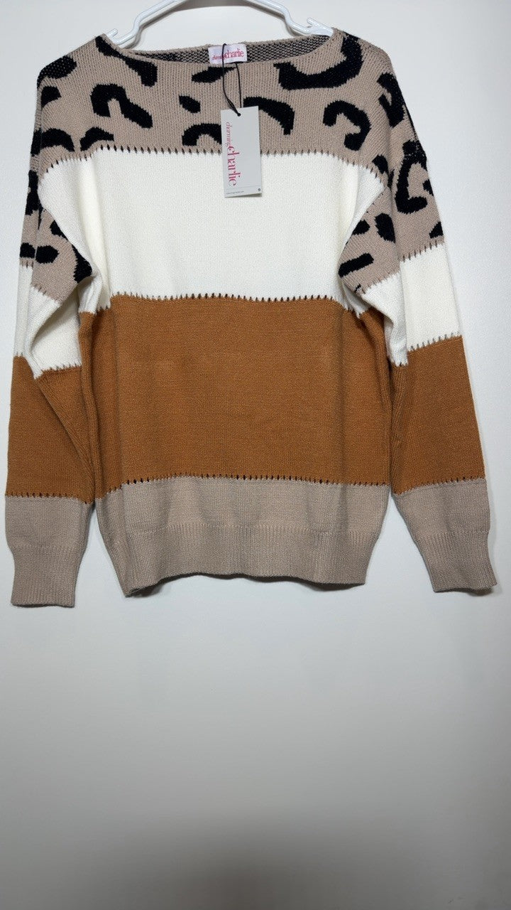 Full Size Leopard Color Block Long Sleeve Sweater Plus Size