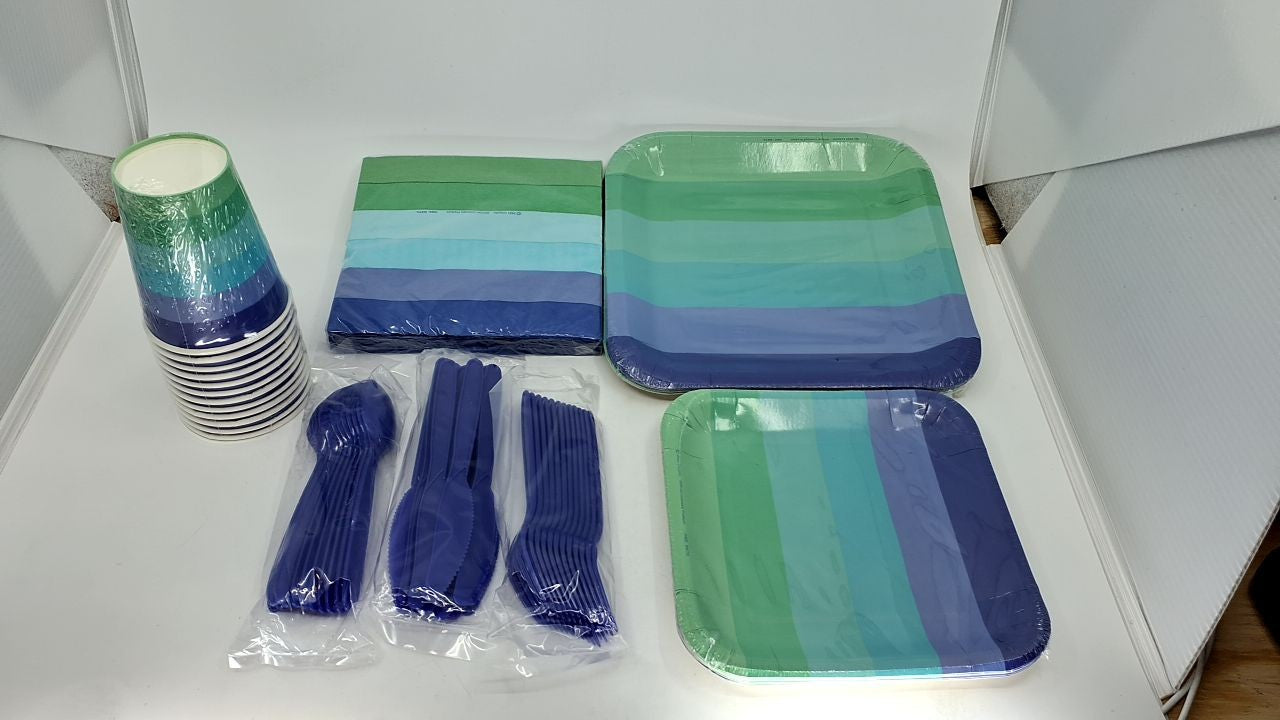 Colorful Party Supplies Set for 12: Plates, Cups, Napkins & Cutlery