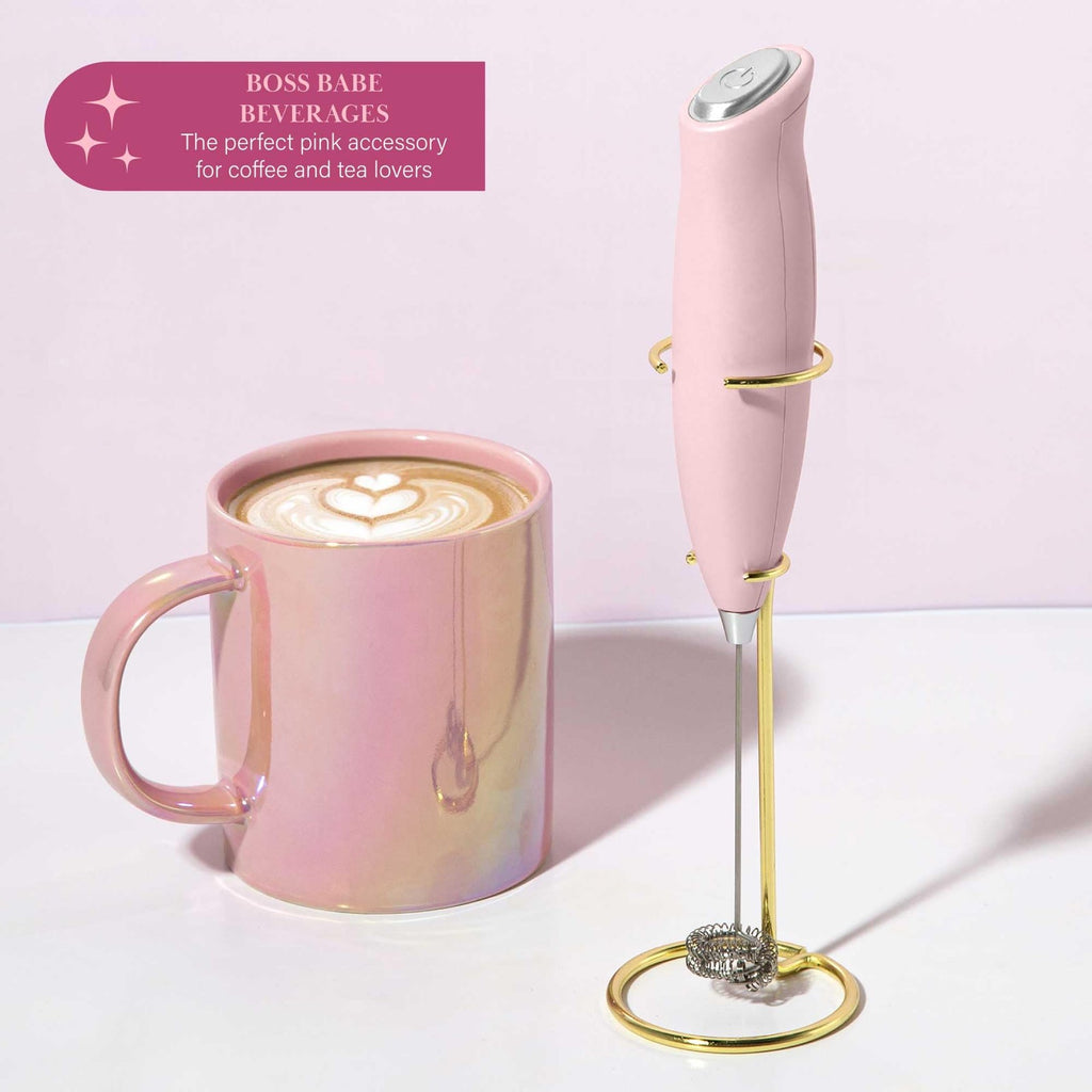 Battery Powered Milk Frother, Pink Handheld w/ Gold Stand & Coil Head