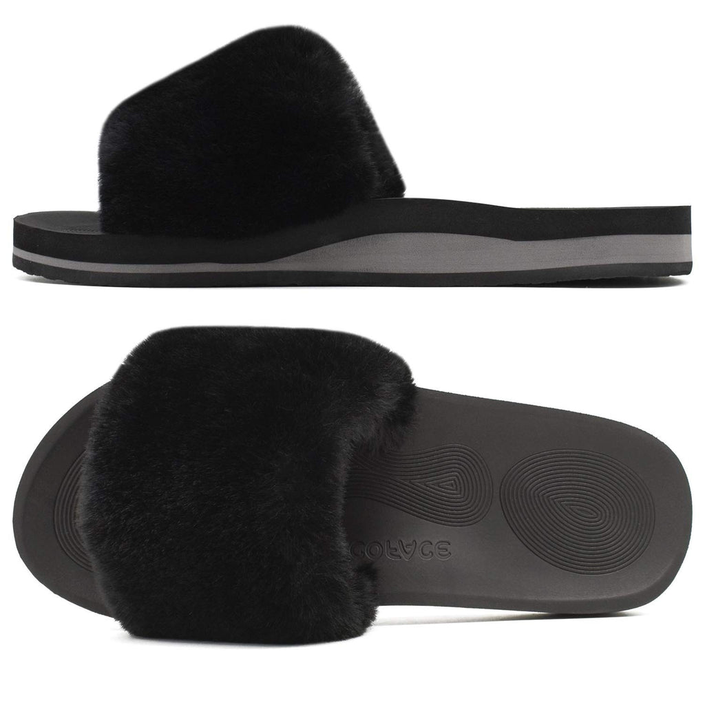 COFACE Women's Slippers 8.5 Arch Support Open Toe Fuzzy Black