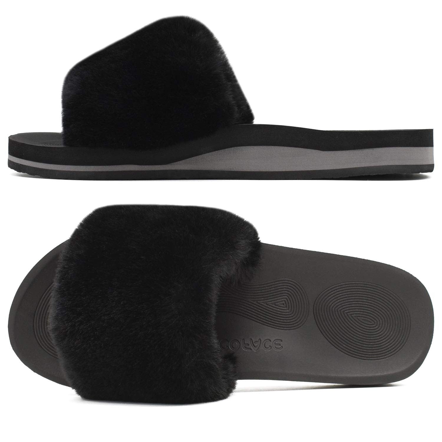 COFACE Women's Slippers 8.5 Arch Support Open Toe Fuzzy Black