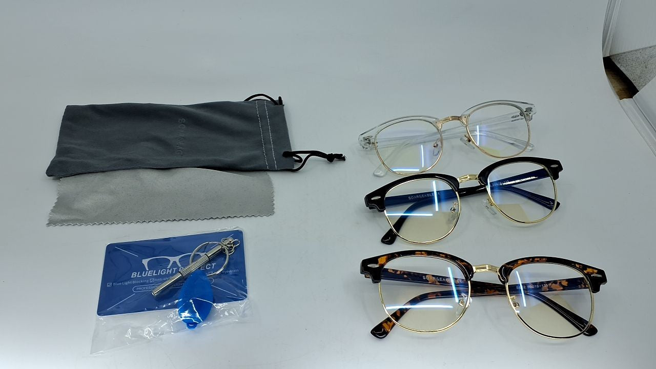 3 Pack Retro Blue Light Blocking Glasses, UV400, Bright Black/Amber/Crystal