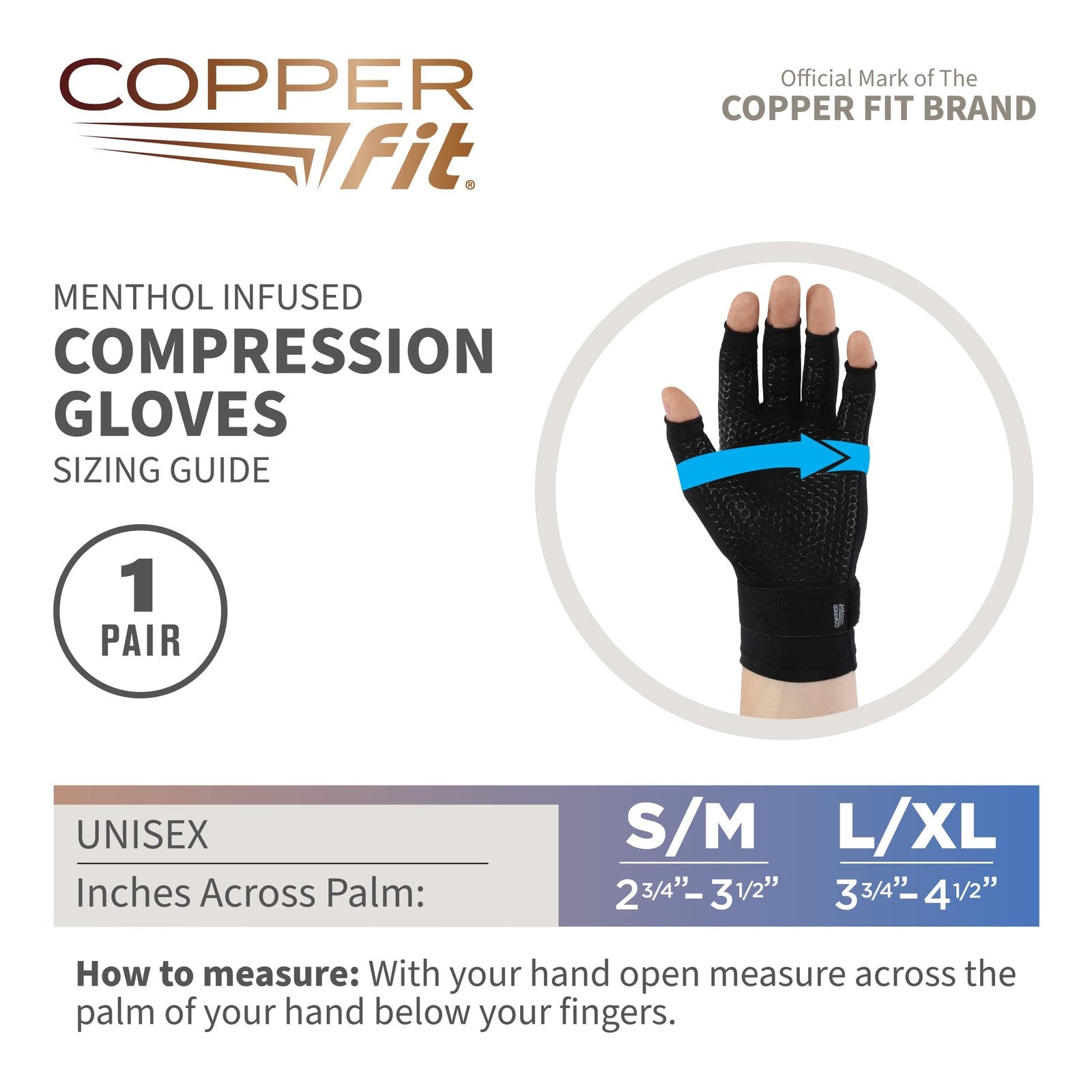 Copper Fit ICE Compression Gloves Infused with Menthol, Black, Small/Medium