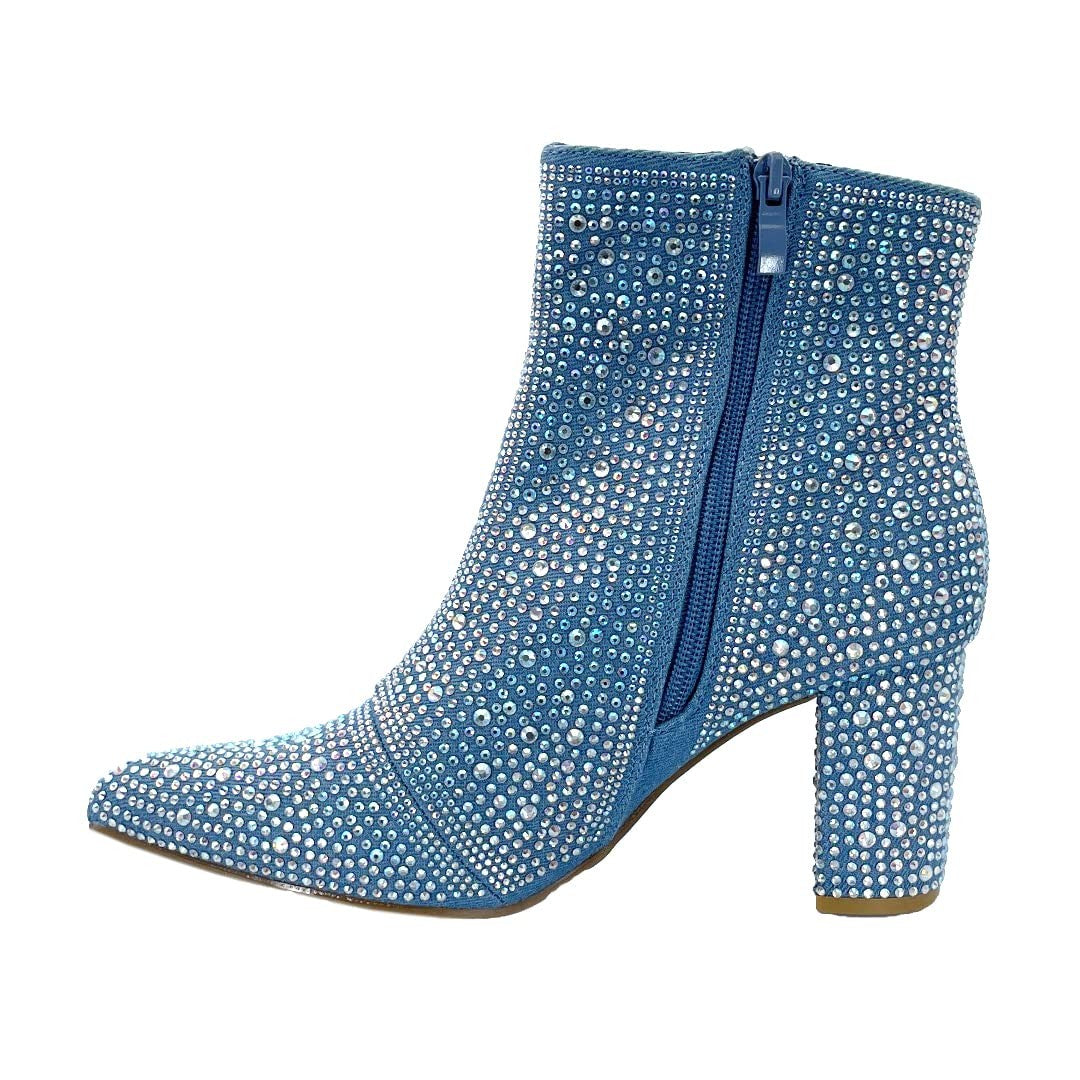 ABSOLEX Women's Blue Denim Pointed Toe Rhinestone Ankle Booties Size 8