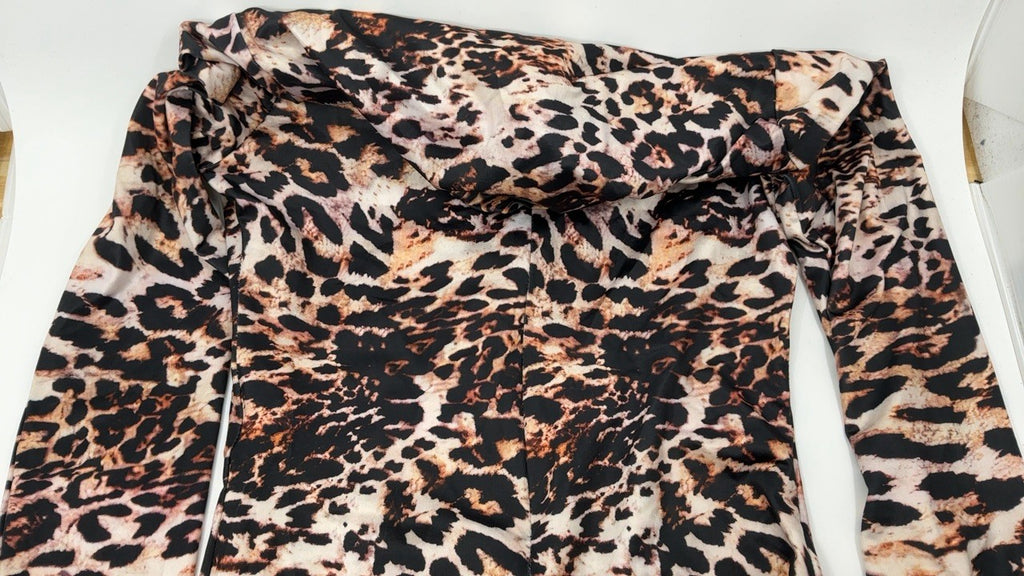 Womens Leopard Print Romper Bodycon Jumpsuit Long Sleeve Medium