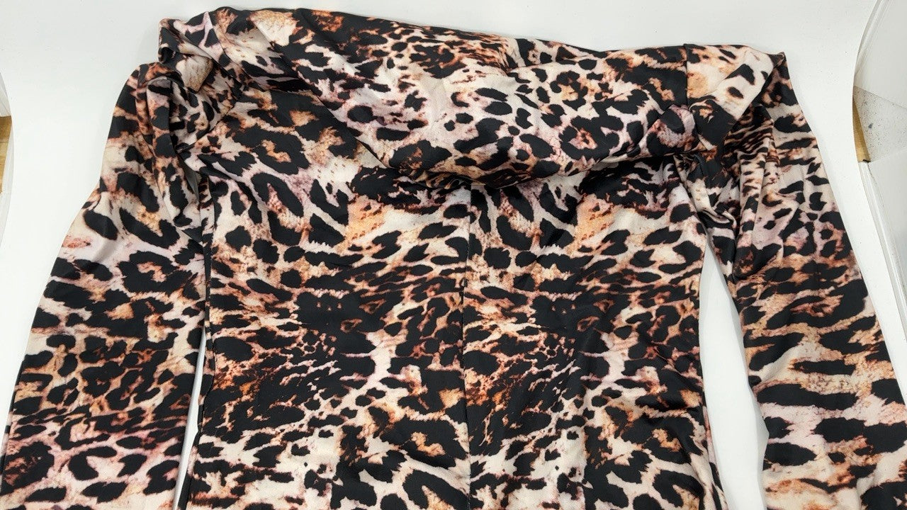 Womens Leopard Print Romper Bodycon Jumpsuit Long Sleeve Medium