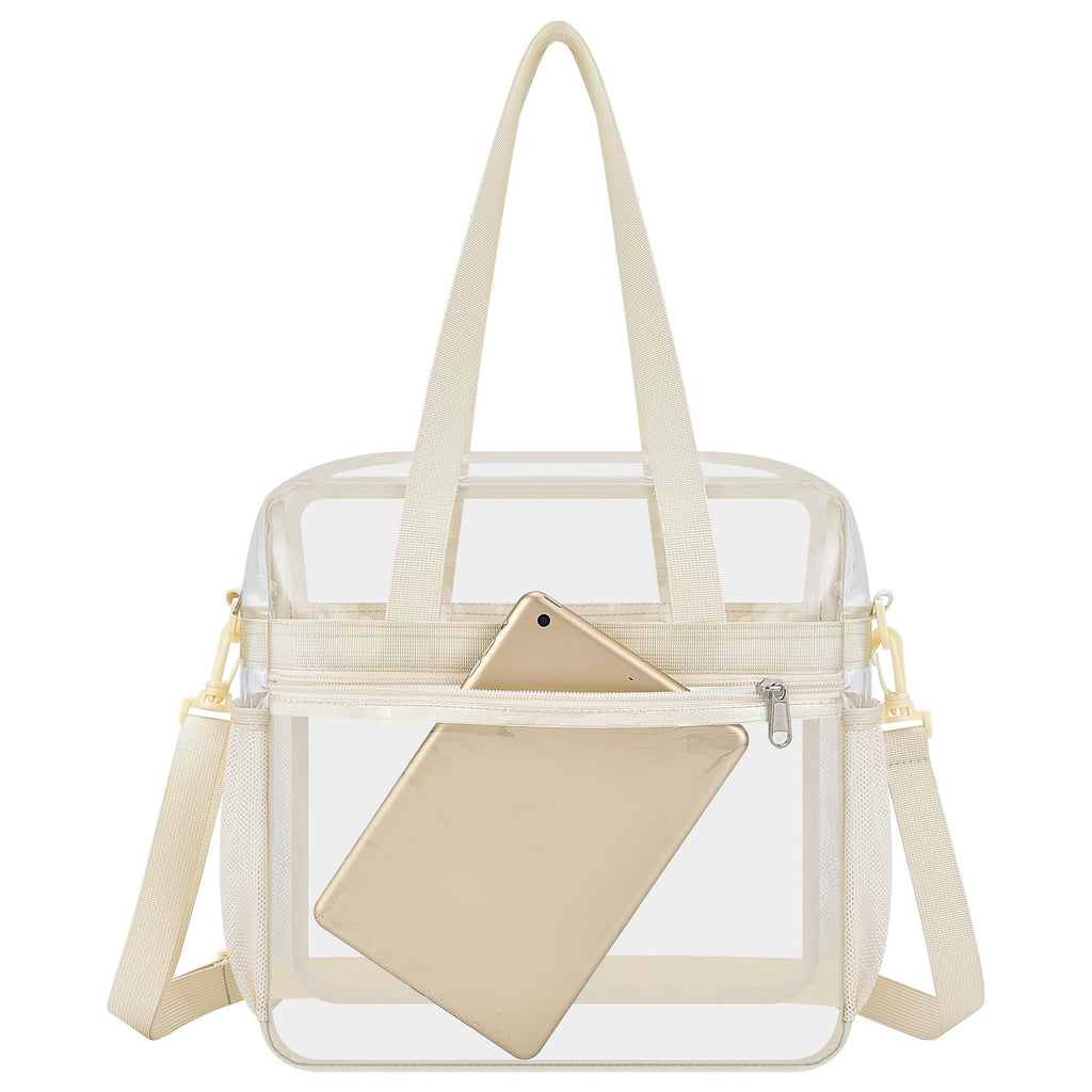 Large Clear Tote Bag 12x6x12 - Stadium Approved, Cream, w/ Shoulder Strap
