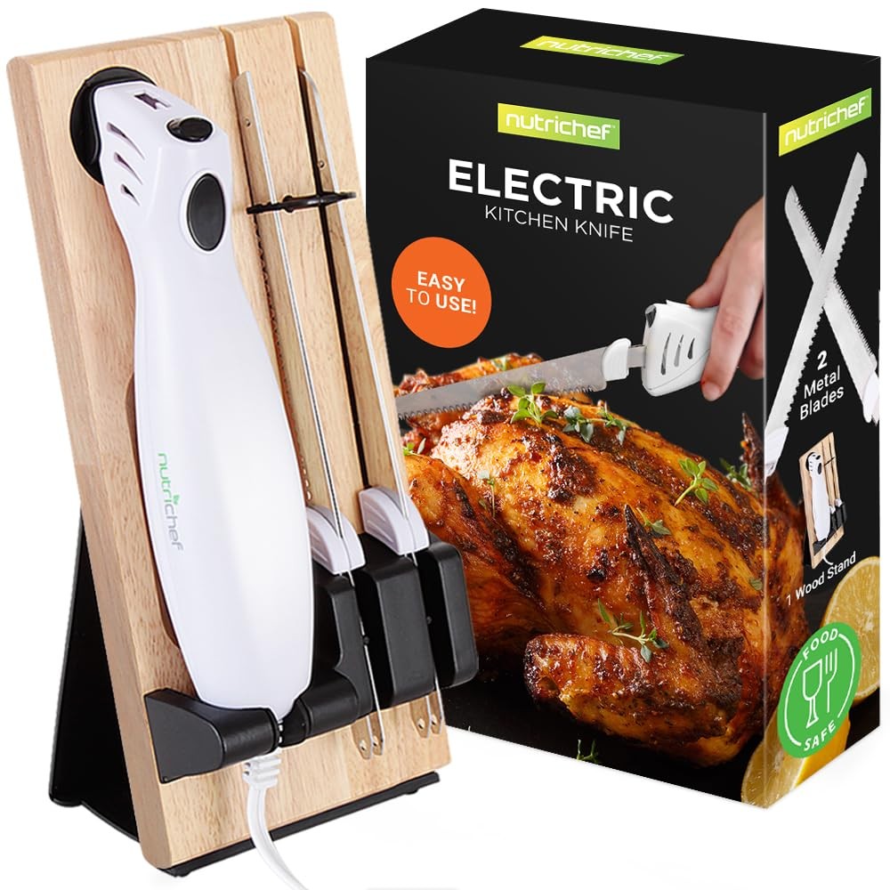 NutriChef Electric Carving Knife Set w/ Blades & Wood Stand - White
