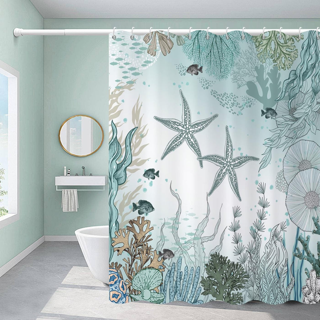 Summer Teal Starfish Shower Curtain Fabric w/ Hooks 72" x 72"