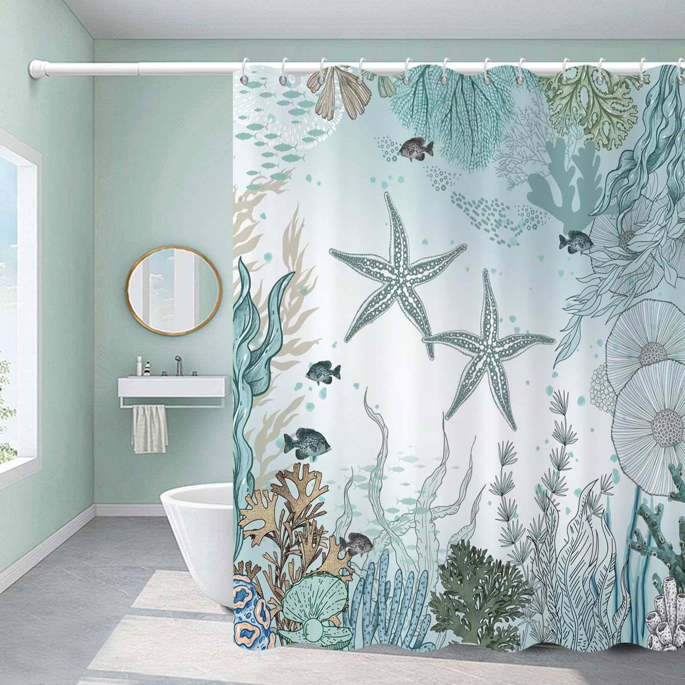 Summer Teal Starfish Shower Curtain Fabric w/ Hooks 72" x 72"