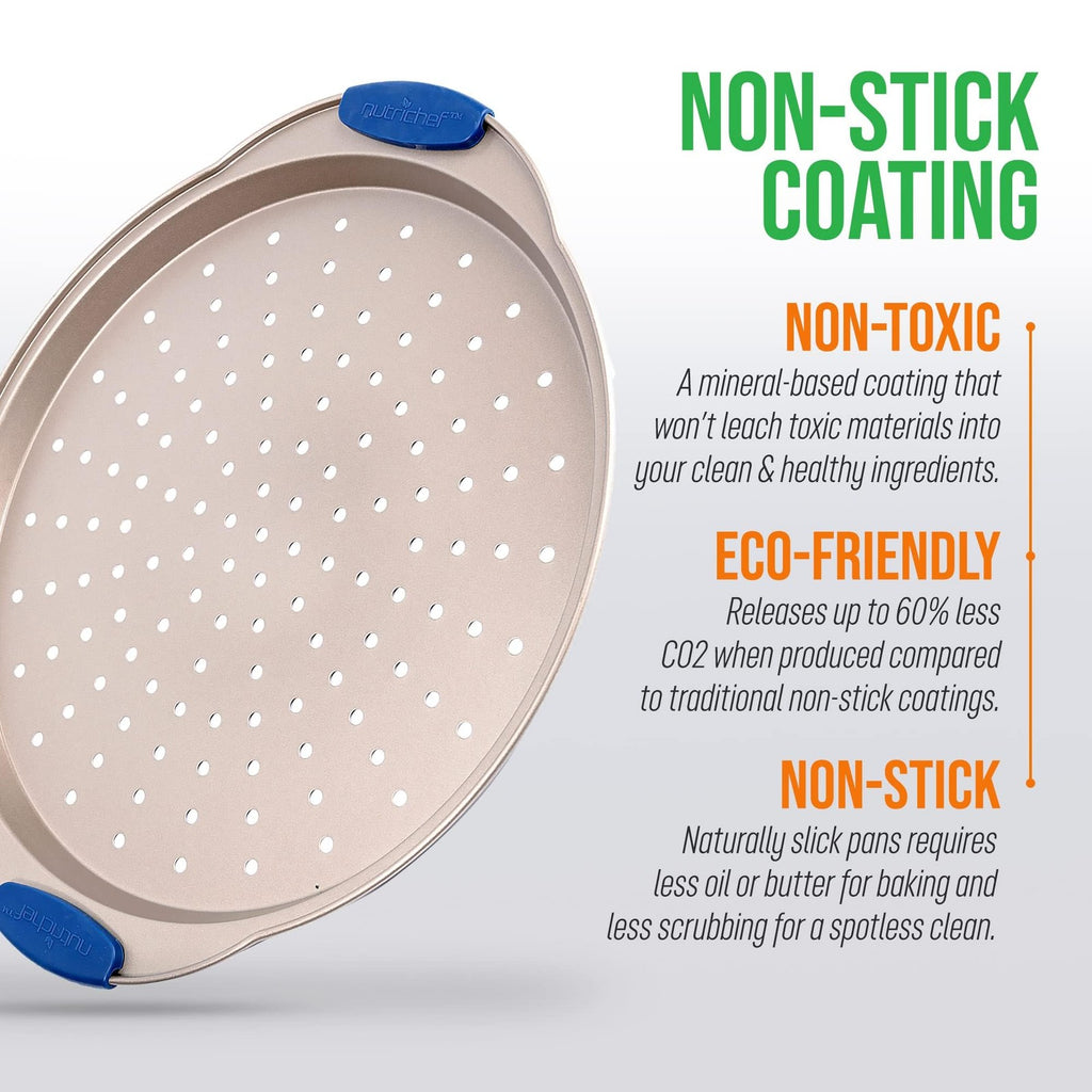 NutriChef 13-Inch Non-Stick Pizza Tray w/ Silicone Handle - Gold