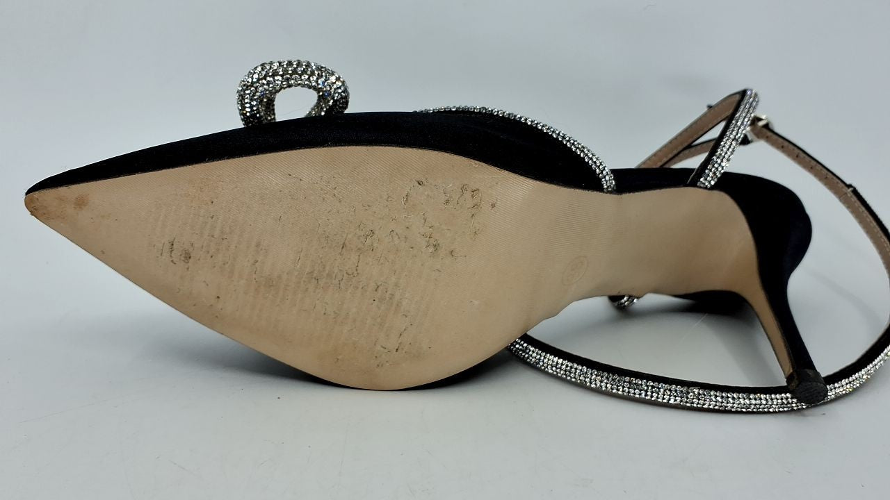 Women's Rhinestone Bow Heels Ankle Strap Sandals Black Size 8
