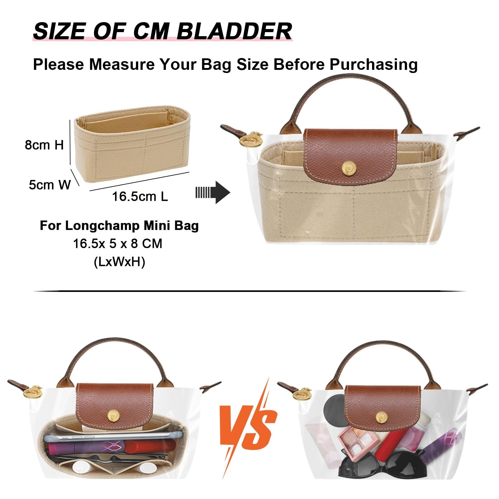 Mini Handbag Organizer Insert for Longchamp XS - Felt, Beige