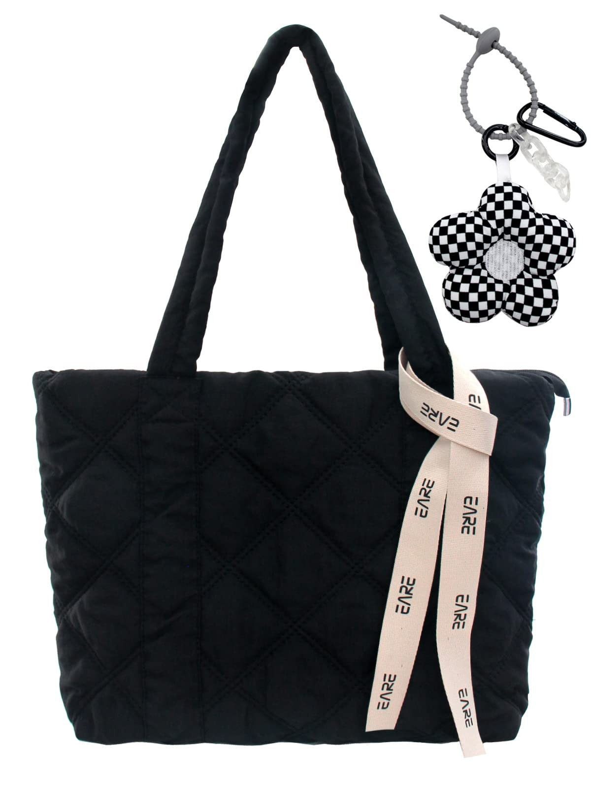 Women’s Quilted Tote Bag Black Nylon Padded Purse w/ Zipper 17.3x13.4in