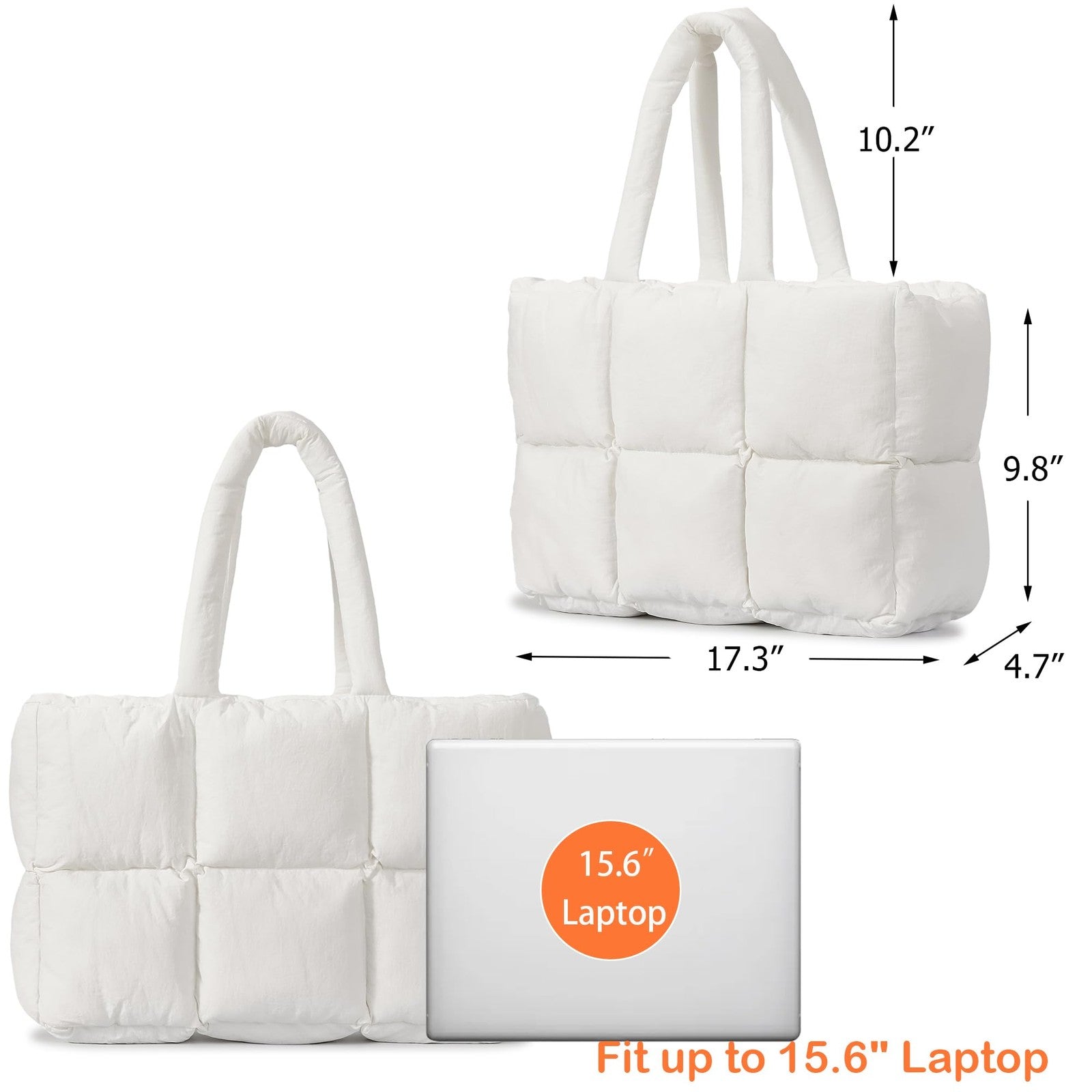 Lightweight White Quilted Puffer Tote Bag, Women's Large Handbag