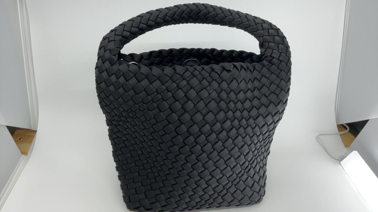Ladies Black Neoprene Woven Tote Bag & Wallet - Adjustable Shoulder Bag