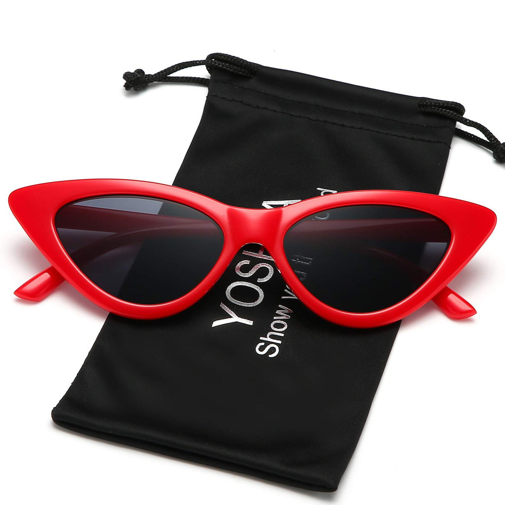 YOSHYA Retro Vintage Narrow Cat Eye Sunglasses for Women (Black Grey + Red Grey)