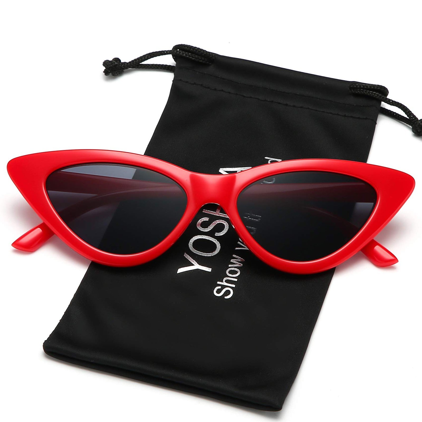 YOSHYA Retro Vintage Narrow Cat Eye Sunglasses for Women (Black Grey + Red Grey)