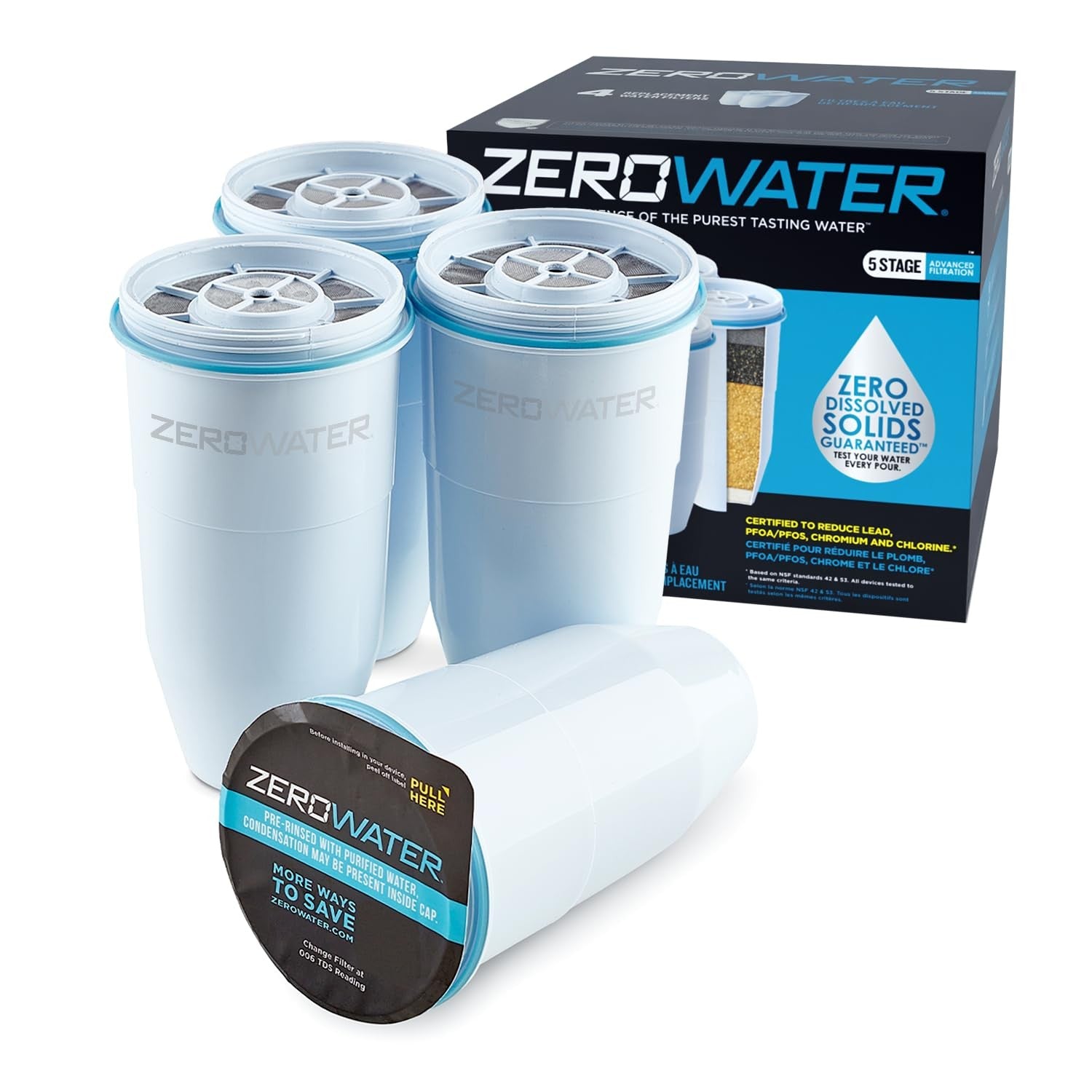 4-Pack ZeroWater 5-Stage Filters - IAPMO Certified, BPA-Free Water Filtration