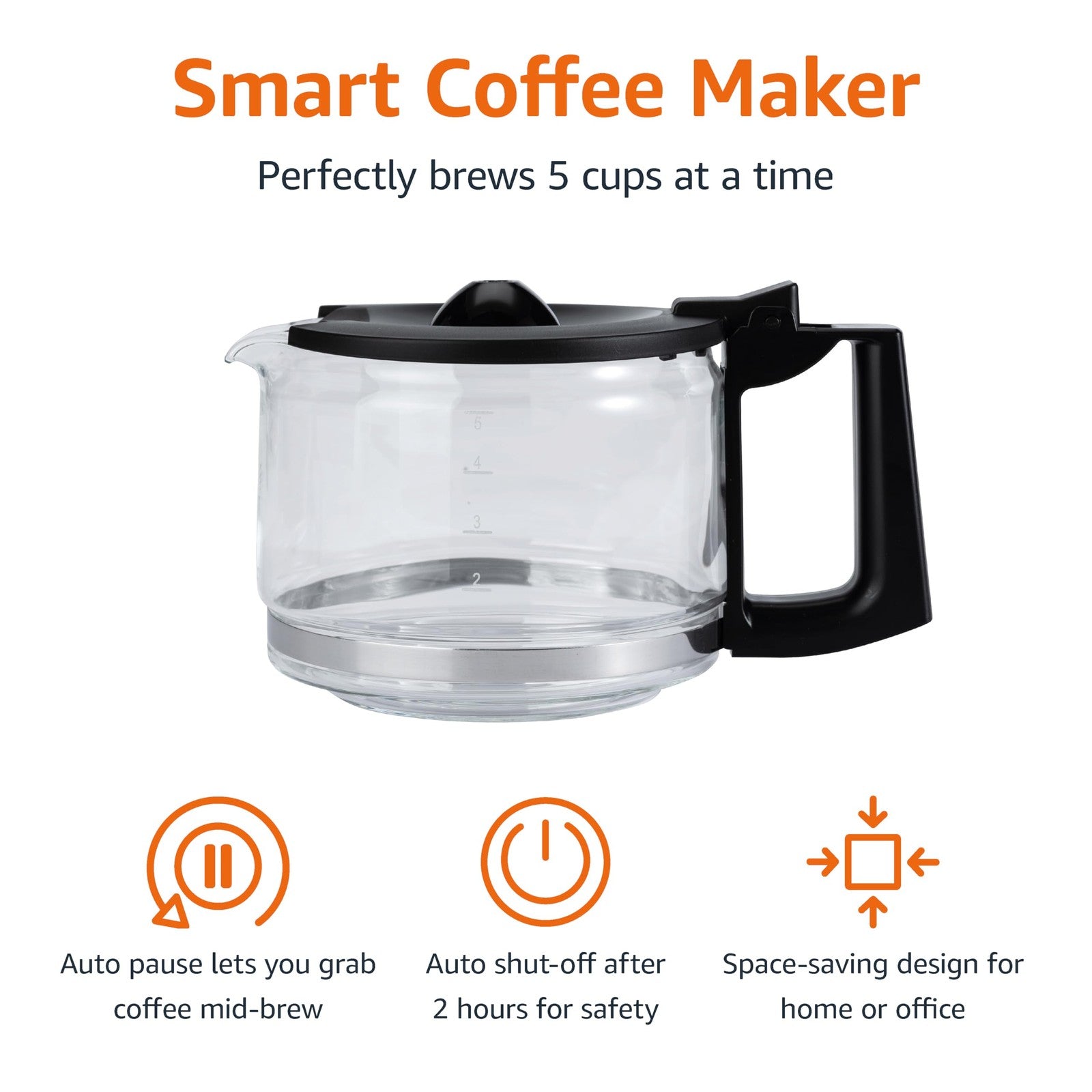 5-Cup Coffee Maker, Drip Style, Glass Carafe, Auto Shut-Off, Black