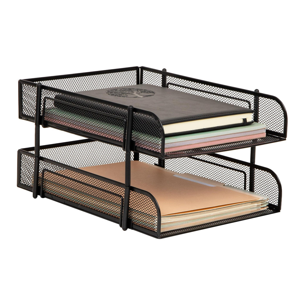 Black 2-Tier Stackable Paper Tray, Metal Mesh Organizer, 10.5x13.25in