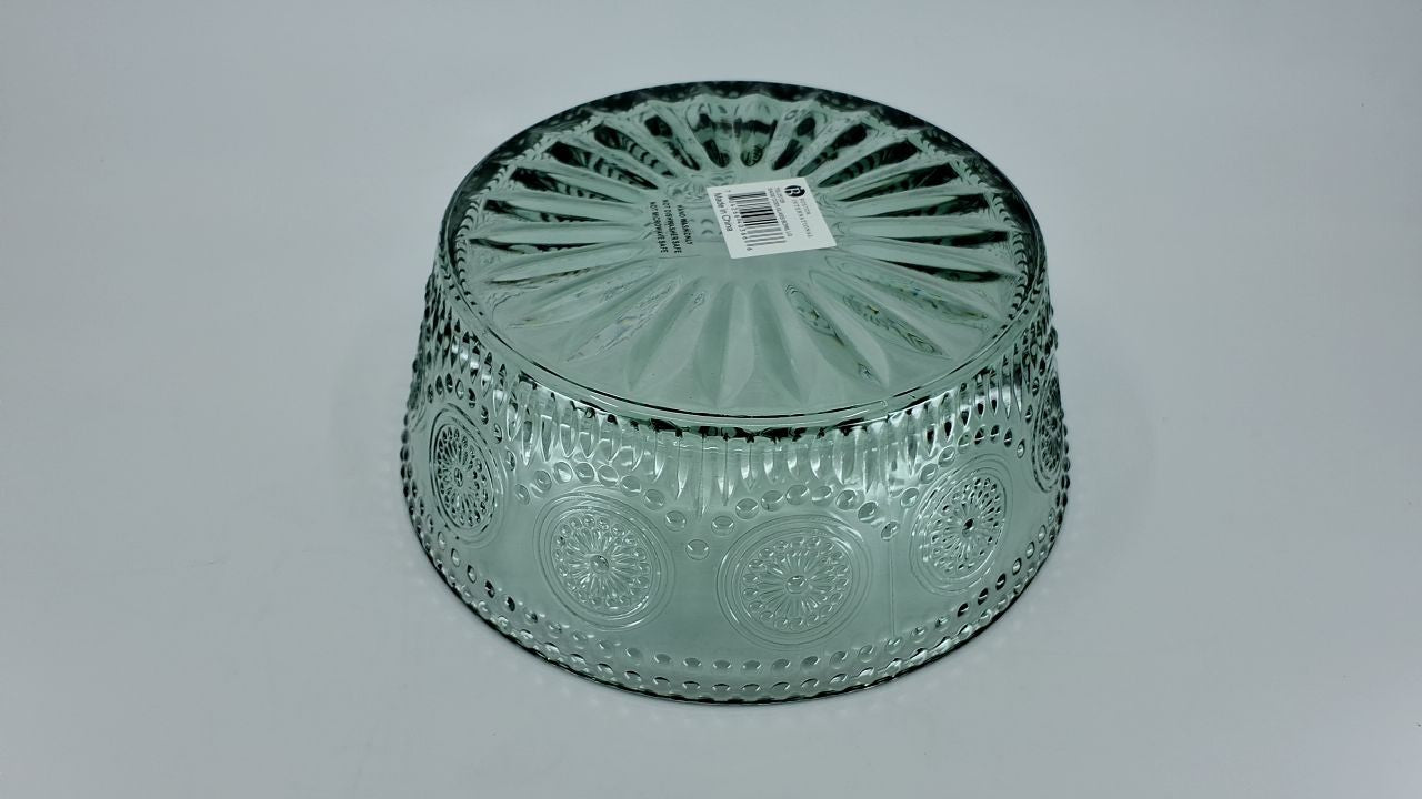 7in Sage Green Glass Bowl w/ Floral Pattern for Dining & Entertaining