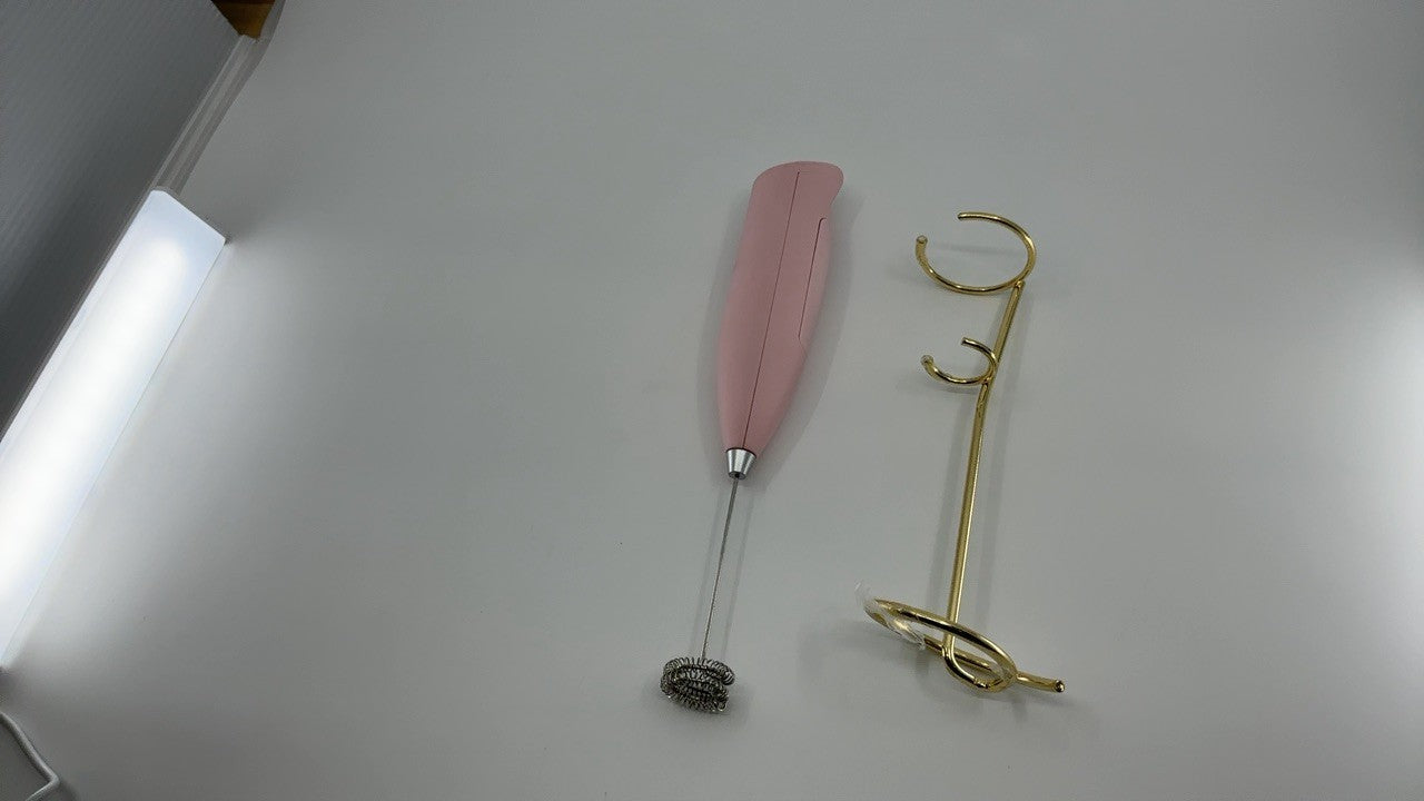 Milk Frother w/ Gold Stand, Electric Handheld, Pink, Double Coil Head