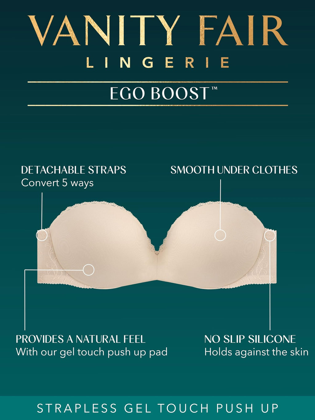 Vanity Fair Women's Gel Touch Strapless Push Up Bra 2111121, White, 34A
