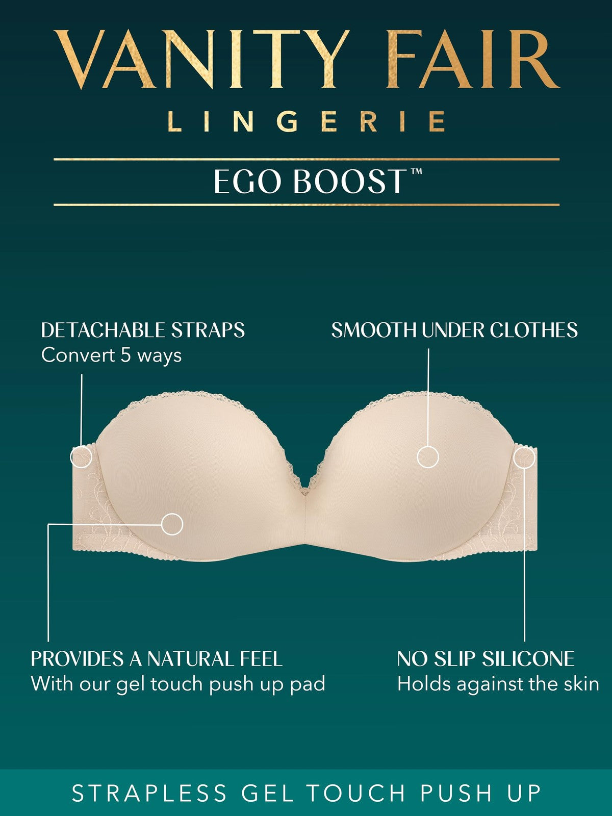 Vanity Fair Women's Gel Touch Strapless Push Up Bra 2111121, White, 34A