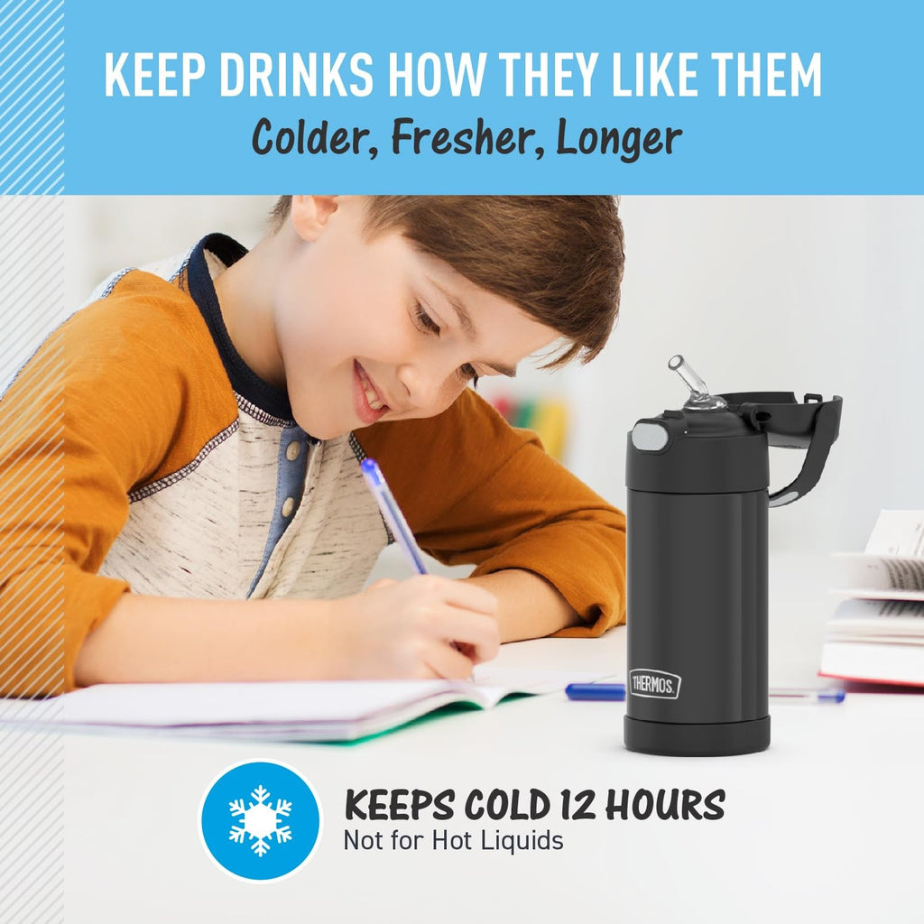 THERMOS FUNtainer 12oz Kids Water Bottle, Black Stainless Steel