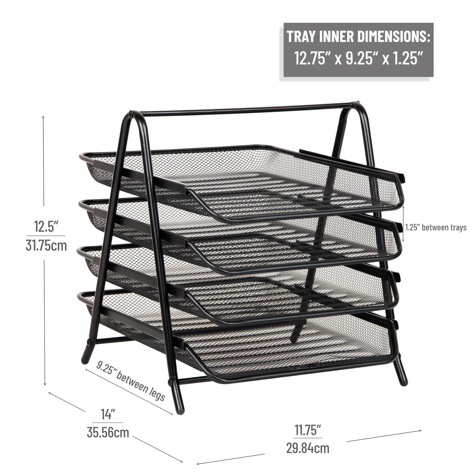 Black 4-Tier Paper Tray, Desk Organizer, Metal Mesh, 12L x 13.75W x 12.5H