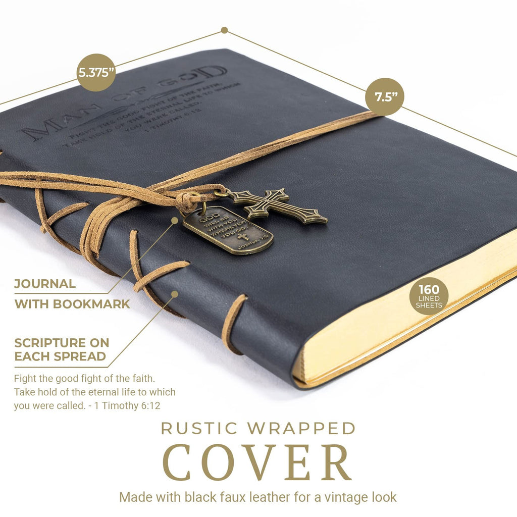 Christian Journal for Men, Black Cover, Scripture & Cross Charm