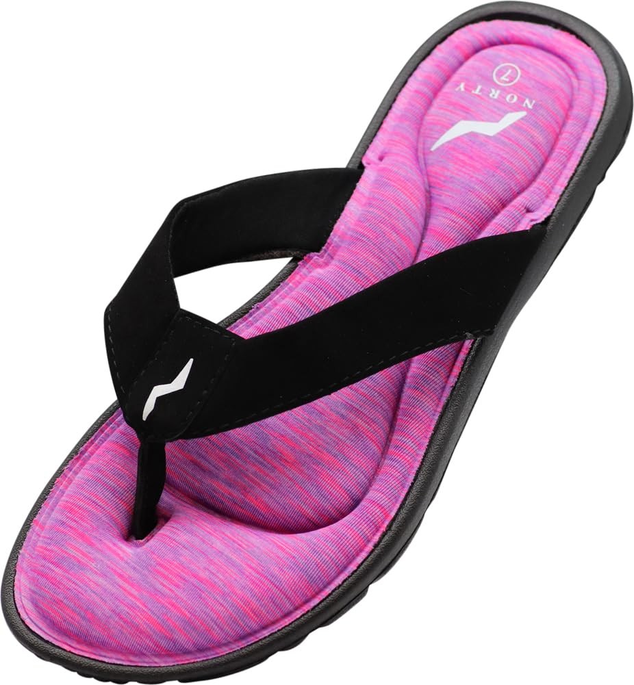 Womens Memory Foam Sandals, Norty Flip Flops, Black & Fuchsia, Size 9