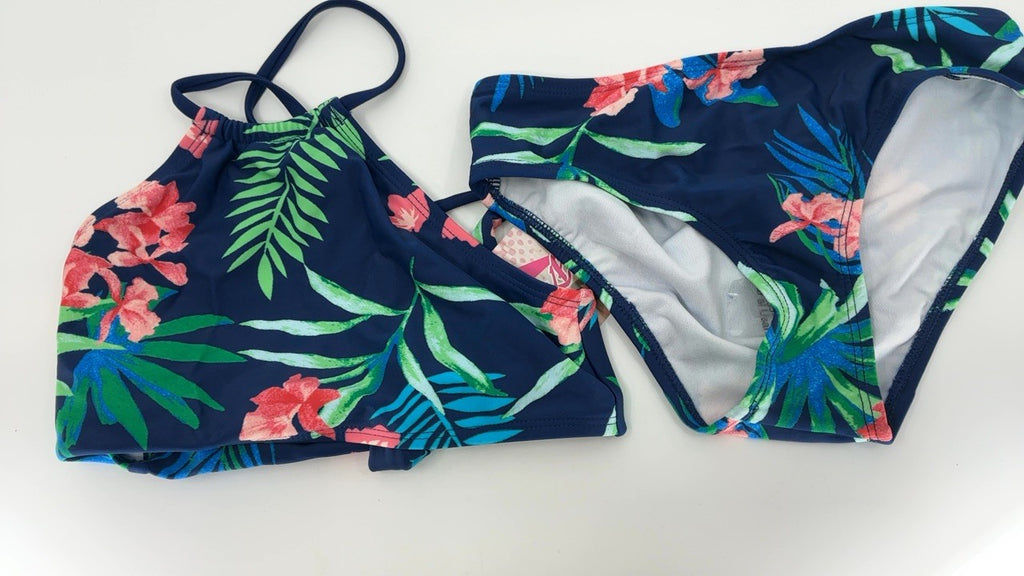 Kanu Surf Girls' Size 10 Navy Floral Halter Bikini 2-Piece Set