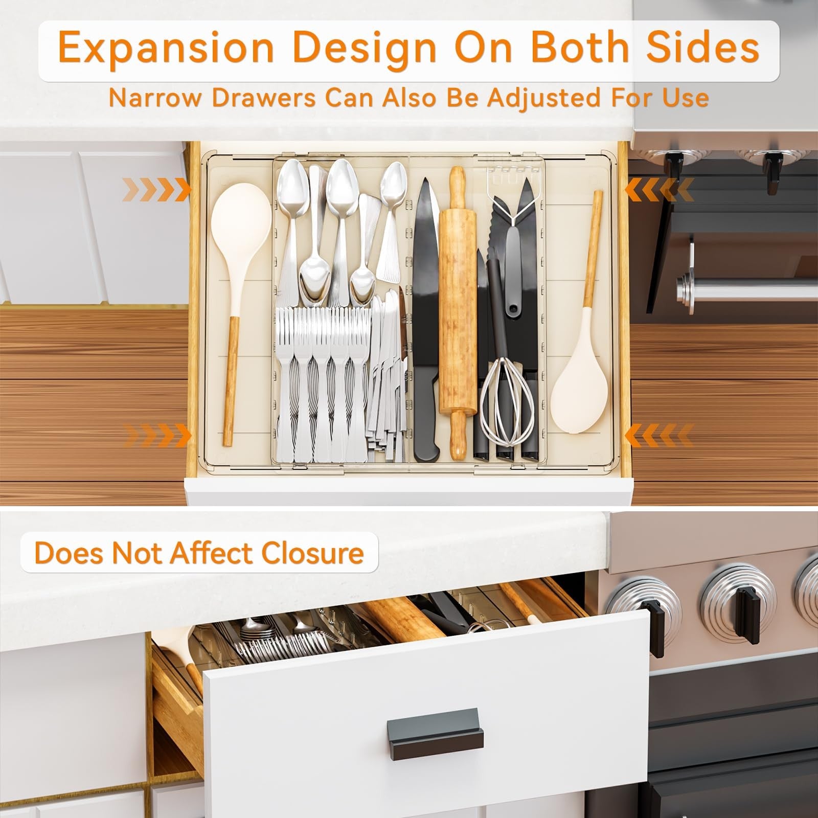 Large Silverware Organizer, Expandable from 12.6 to 21.3 in, Clear